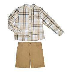 Conj. Camisa Niño De Cuadros Y Short Gabardina Mostaza