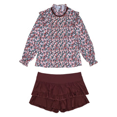 Conj. Blusa Niña Flores Alforzas En Frente Y Falda Short Gabardina Shedron