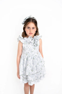 Vestido Niña Flores Verde Con Azul Y Blanco