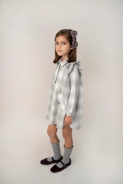 Vestido Camisero Cuadros Gris Detalles Flores Uva