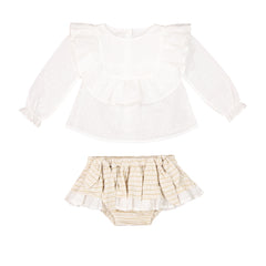 Conj. Blusa Peto Olán Plumeti Crema Con Falda Calzón Multirayas Crema Lúrex