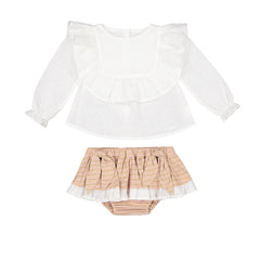 Conj. Blusa Peto Olán Plumeti Crema Con Falda Calzón Multirayas Rosa Palo Lúrex