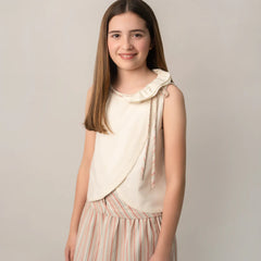 Conj. Blusa Hueso Olán Escote Y Falda Raya Boton