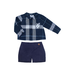 Conj. Camisa Bebo Cuadros Mini Bolsillo Y Short Bebo Panilla Marino Con Boton