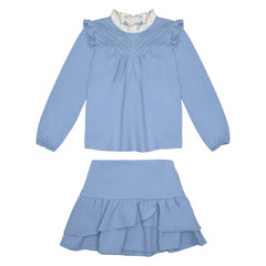 Conj. Blusa Plumbago Con Alforzas Y Falda Con Olanes Encontrados