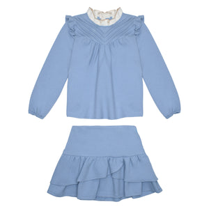 Conj. Blusa Plumbago Con Alforzas Y Falda Con Olanes Encontrados