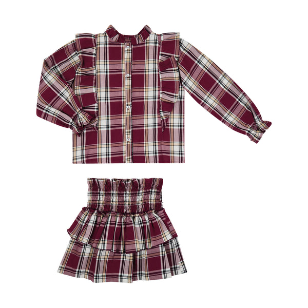 Conj. Blusa Cuadros Olanes En Talle Y Falda Cuadros Cintura Elastica