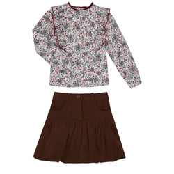 Conj. Blusa Flores Con Modroño Y Falda Panilla Café Con Bolsillos