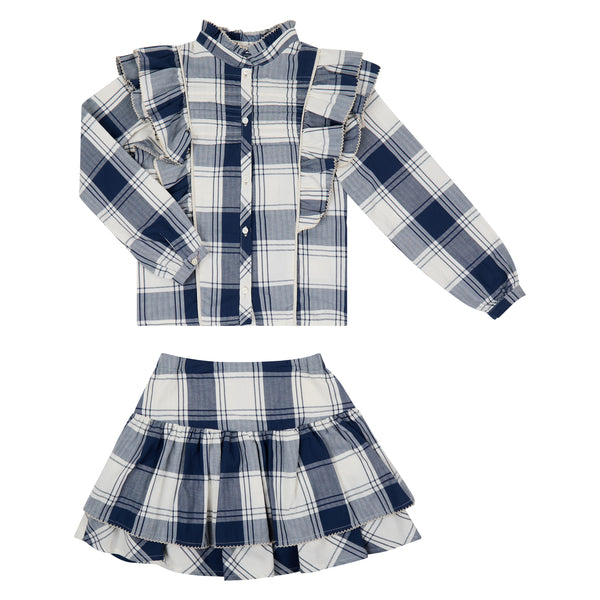 Conj. Blusa Niña Cuadros Con Olanes Y Alzones Y Falda Nila Cuadros Olanes