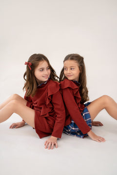 Conj. Blusa Olán Talle Escote Combinación Cuadros Y Short Smock En Cintura Doble Vista Shedron/Cuadros