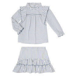 Conj. Blusa Olanes Y Picueta En Contraste Con Falda Medio Olan Rayas Tejido De Punto