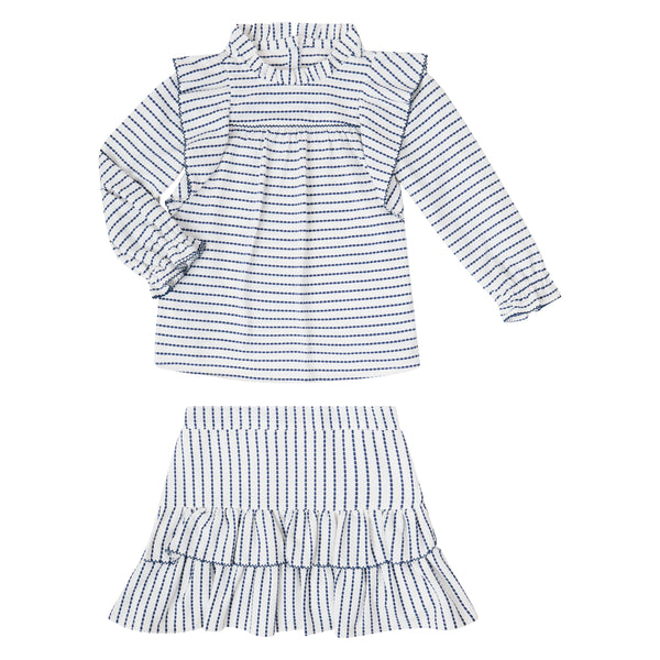 Conj. Blusa Olanes Y Picueta En Contraste Con Falda Medio Olan Rayas Tejido De Punto