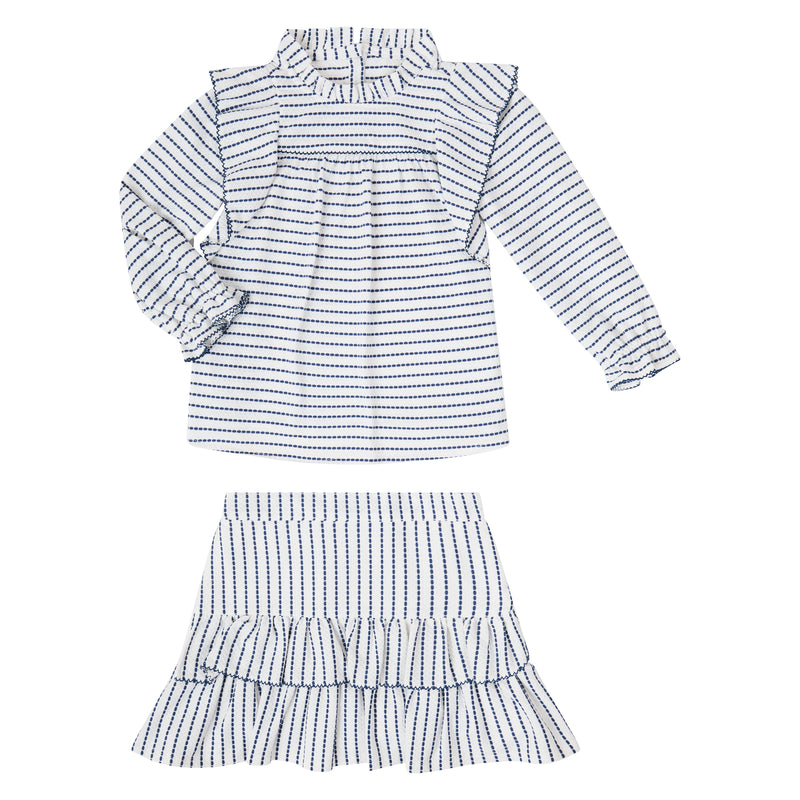 Conj. Blusa Olanes Y Picueta En Contraste Con Falda Medio Olan Rayas Tejido De Punto