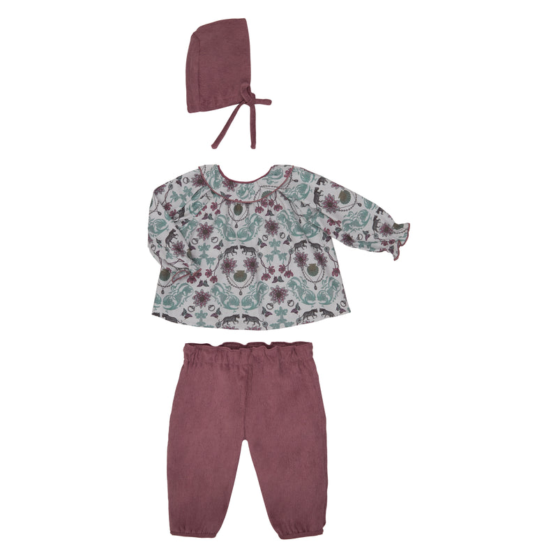 Conj. Blusa Print Olan En Escote Feston Y Pantalon Panilla Rosa Con Boton En Tobillo