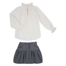 Conj. Blusa Rayas Off White Plumetti Y Lurex Jareta Moño Con Falda Tejido De Punto Gris Y Bolsillos