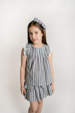 Conj. Blusa Tablones En Delantero Y Falda Rayas Niña Enresortada