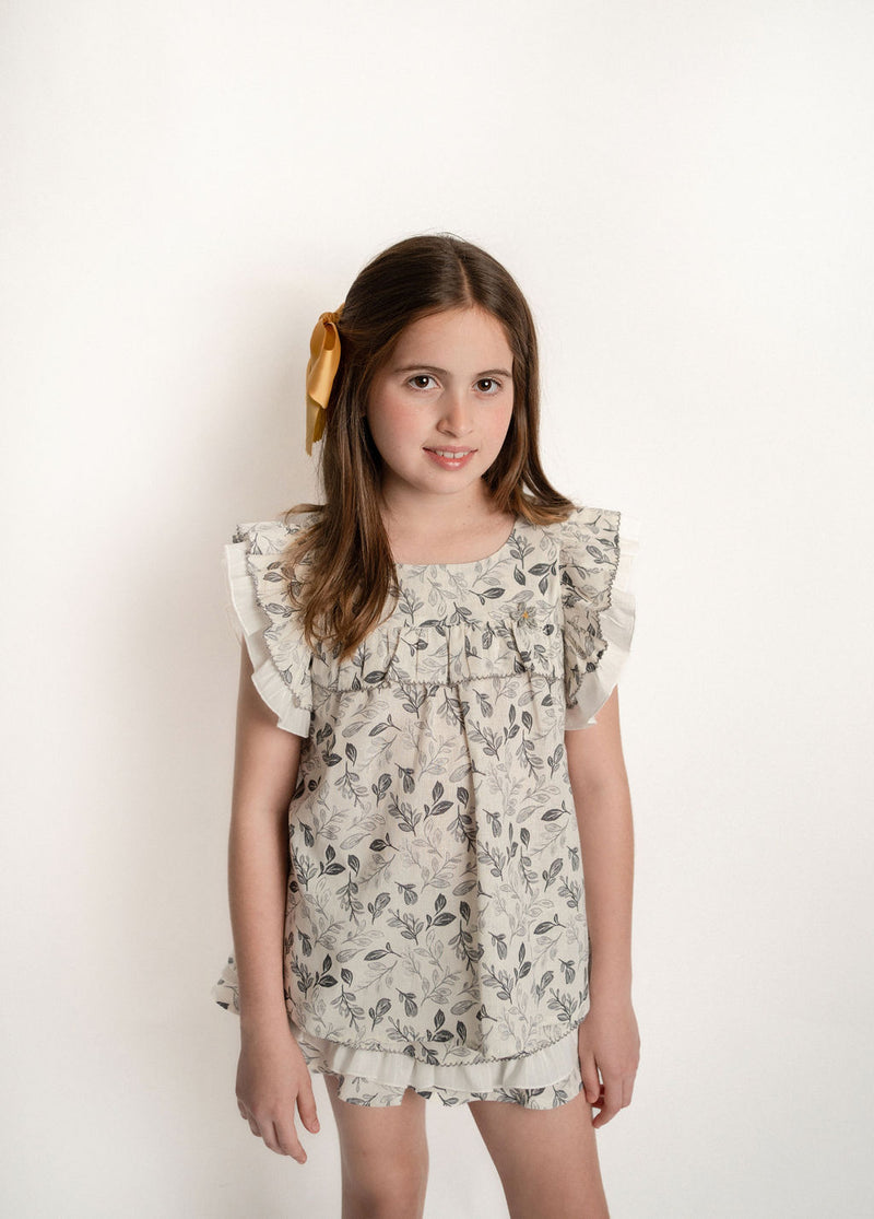 Conj. Blusa Y Short Olan En Contraste Hojas
