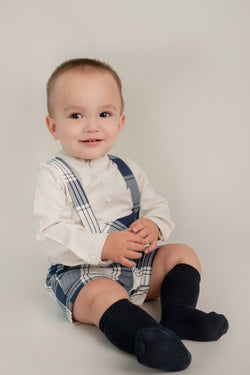 Conj. Camisa Arena Cuello Mao Aletilla En Pecho Con Short Bebo Cuadros Tirantes