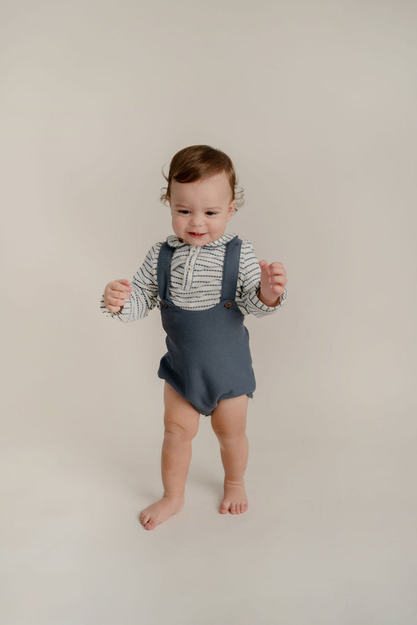 Conj. Camisa Bebe Rayas Tejido De Punto Con Short Bebo Azul Petroleo Con Tirantes