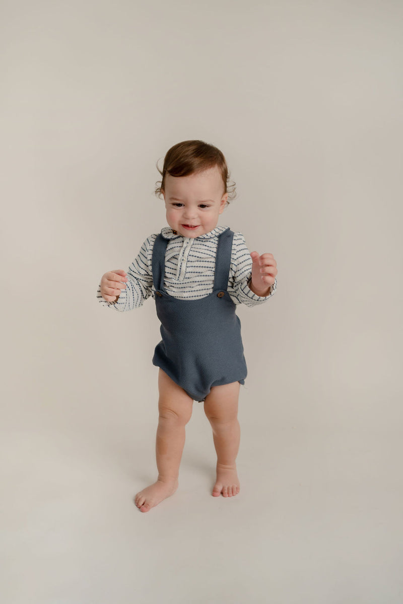 Conj. Camisa Bebe Rayas Tejido De Punto Con Short Bebo Azul Petroleo Con Tirantes