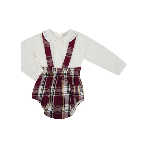 Conj. Camisa Bebo Off White/Alforzas Con Culott Tirantes De Cuadros