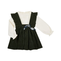 Conj. Jumper Pana Olivo Con Olanes En Tirantes Y Blusa Con Olan Escote Nata