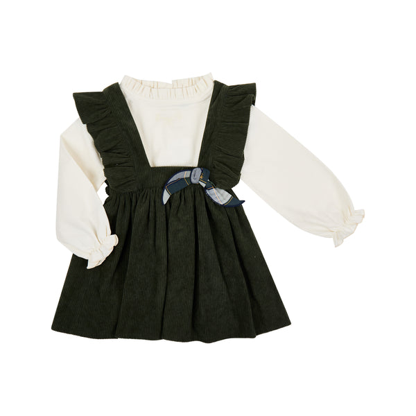 Conj. Jumper Pana Olivo Con Olanes En Tirantes Y Blusa Con Olan Escote Nata