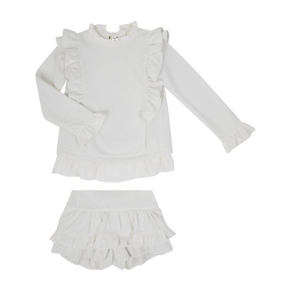 Conj. Sudadera Con Short Tejido De Punto Off White Y Olanes En Contraste