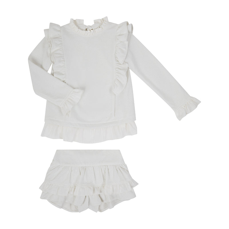 Conj. Sudadera Con Short Tejido De Punto Off White Y Olanes En Contraste