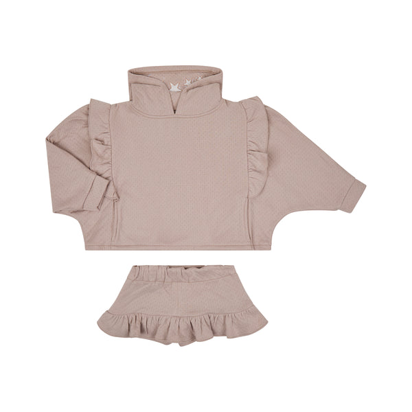 Conj. Sudadera Niña Jackard Rosa Bordado De Estrellas Y Short Con Olanes Jackard