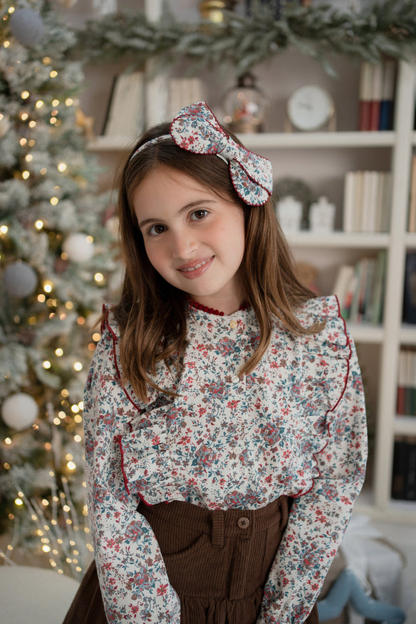 Conj. Blusa Flores Con Modroño Y Falda Panilla Café Con Bolsillos