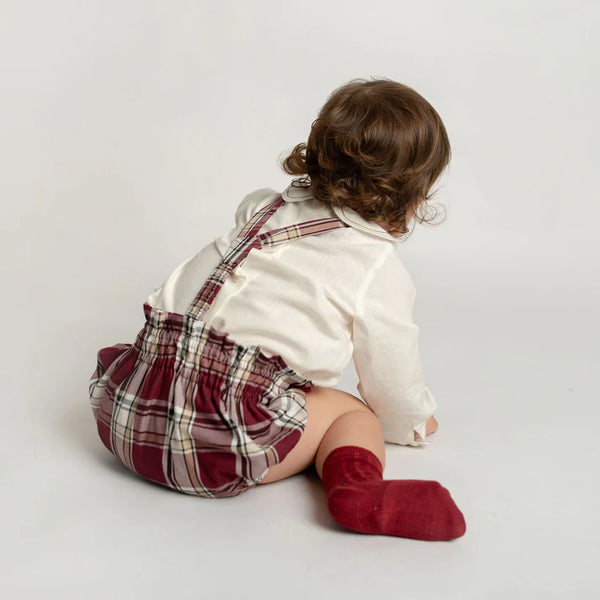 Conj. Camisa Bebo Off White/Alforzas Con Culott Tirantes De Cuadros