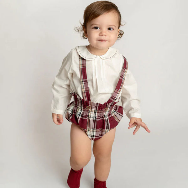 Conj. Camisa Bebo Off White/Alforzas Con Culott Tirantes De Cuadros