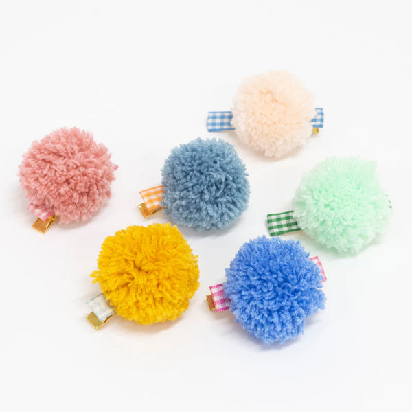 Gingham And Big Pom Pom Hair Clips