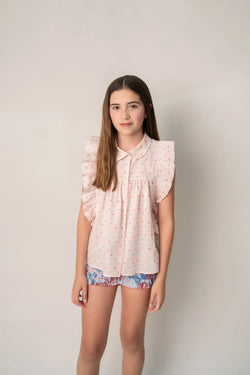 CONJ. BLUSA PLUMETTI DURAZNO Y OLAN CON SHORT LINO AZUL CORAL OLANES