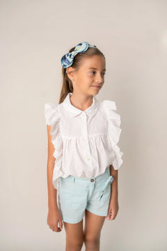 Conj. Blusa Puntos Bordados Con Olanes Y Short Rayas