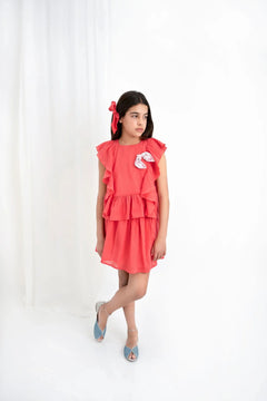 Conj. Niña Plumetti Coral Flada Con Bolsas Y Blusa Olanes