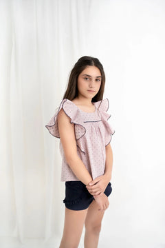 Conj. Short Azul Marino Con Blusa Plumetti Rosa