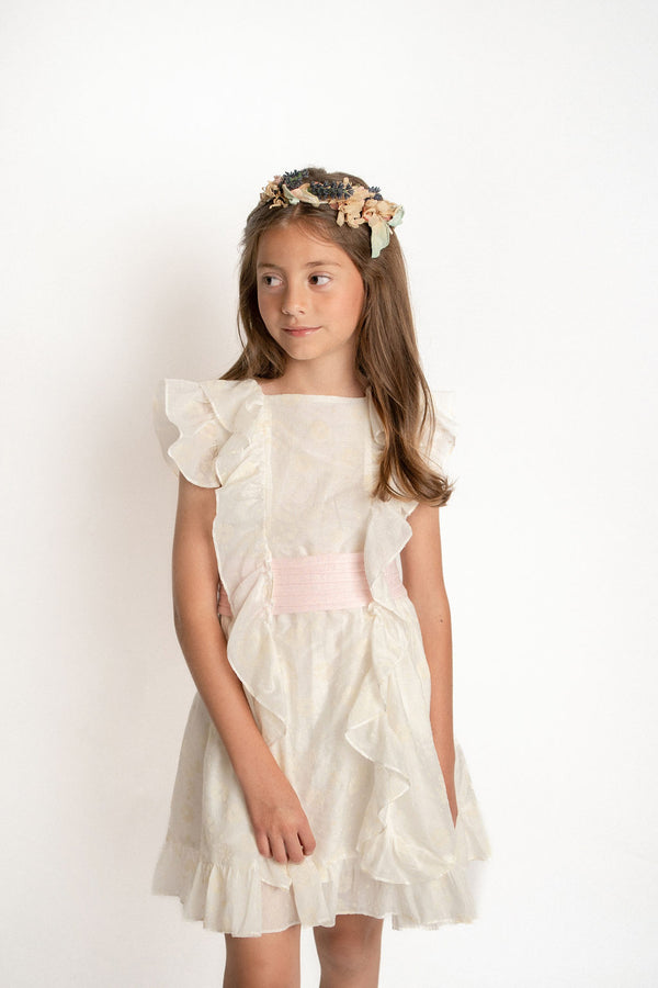 Vestido Olanes Con Fajilla Alforzada En Lino Rosa