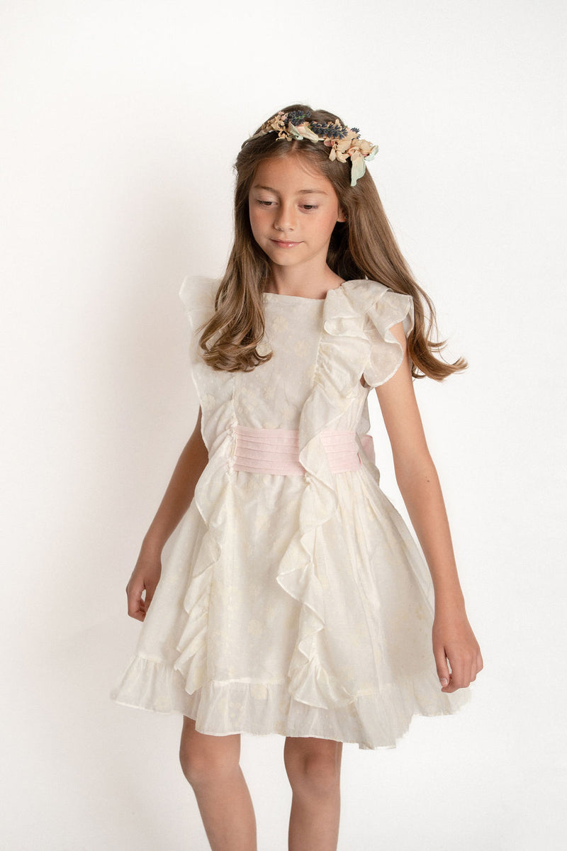 Vestido Olanes Con Fajilla Alforzada En Lino Rosa