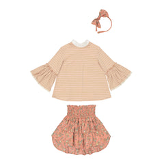 Conj. Jersey Multirayas Rosa Palo Lúrex Con Falda Dos Olanes Flores Durazno