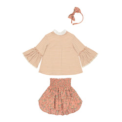 CONJ. PALE PINK LUREX MULTI-STRIPE SWEATER WITH PEACH FLOWERED SKIRT WITH TWO Ruffles