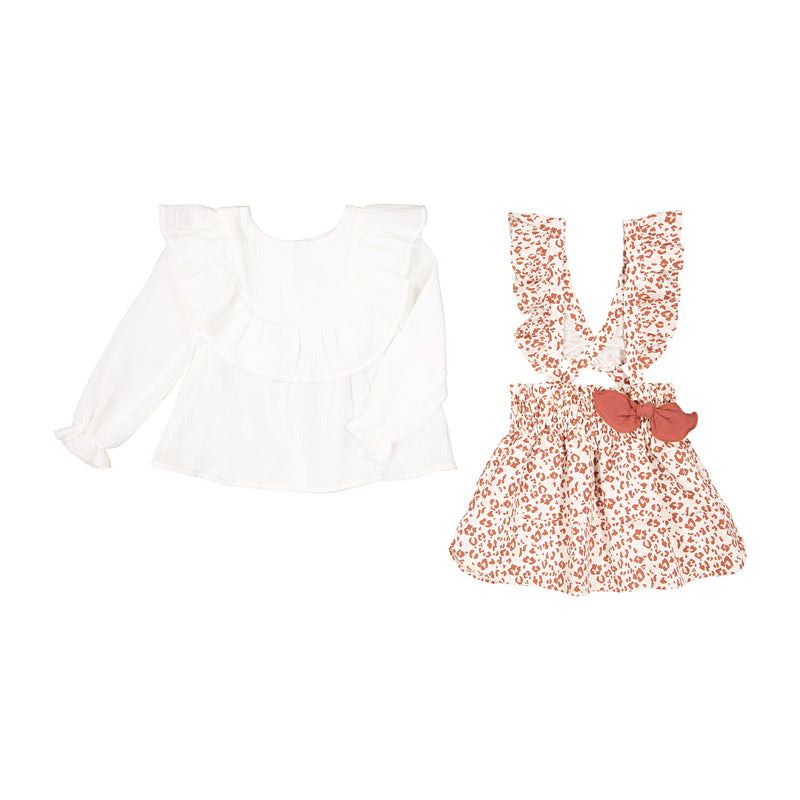 CONJ. CREAM OLAN DOUBLE GAUZE OVERALL BLOUSE WITH TWO Ruffled SKIRT AND BRACES ANIMAL NATA AND TILE