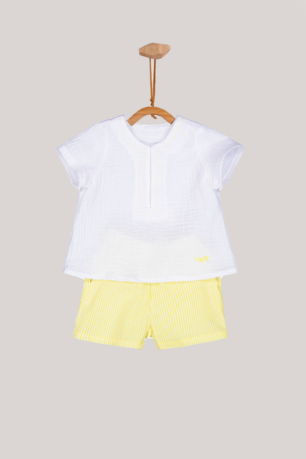 CONJ.CAMISA BLANCA CON PIN PON CON SHORT MINI RAYAS SEERSUCKER BABY BOY