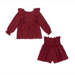 Conj. Blusa Gasa Vino Olán En U Con Falda Short Vino Gasa