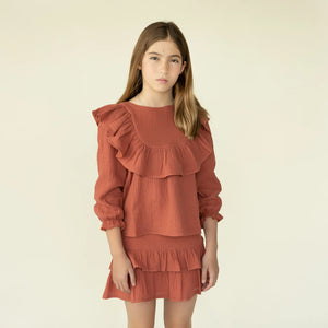 Conj. Blusa Gasa Peto Olanes Teja Con Falda Olan Cruzado Gasa Teja