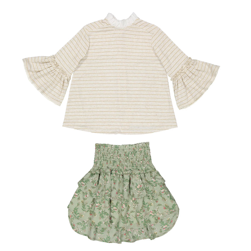 CONJ. CREAM LUREX MULTI-STRIPE SWEATER WITH MINT FLOWERED SKIRT WITH TWO Ruffles