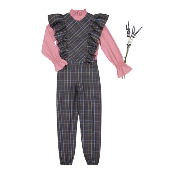Conj. Gray checked jumpsuit with pink plumetti blouse