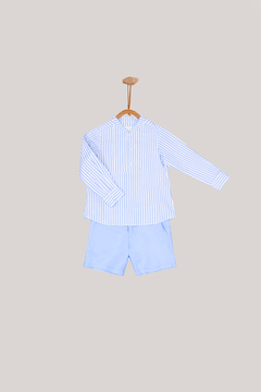 Conj.Camisa Boy Rayas Azules Con Bermuda De Lino Azul