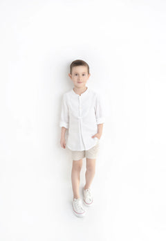 Conj. Camisa Blanca Lino Rayas Con Bermuda Rayas Beige